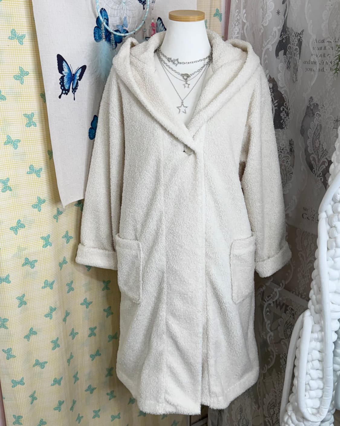 아이보리 뽀글이 후드 롱 코트 상품이미지5