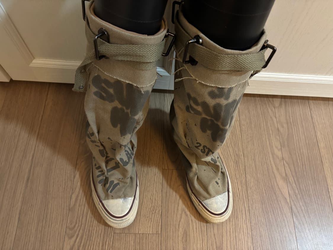 새상품급 루즈핏 셔링 캔버스 레터링 밀리터리 카모 갸루 롱부츠 루 상품이미지9