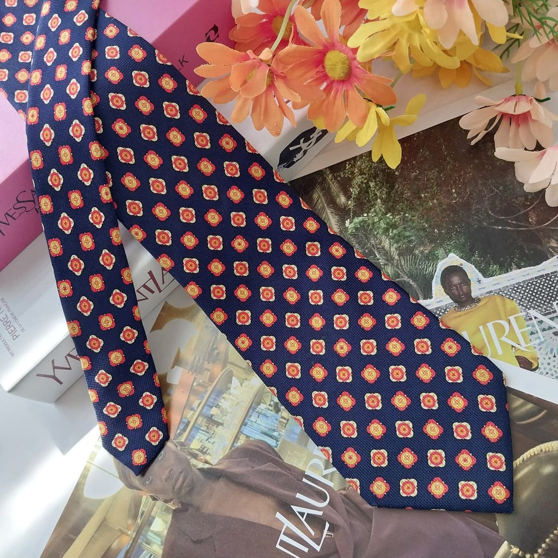 입생로랑 실크 네이비 플라워 모티브 넥타이 9.4cm A등급 K2583 상품이미지4