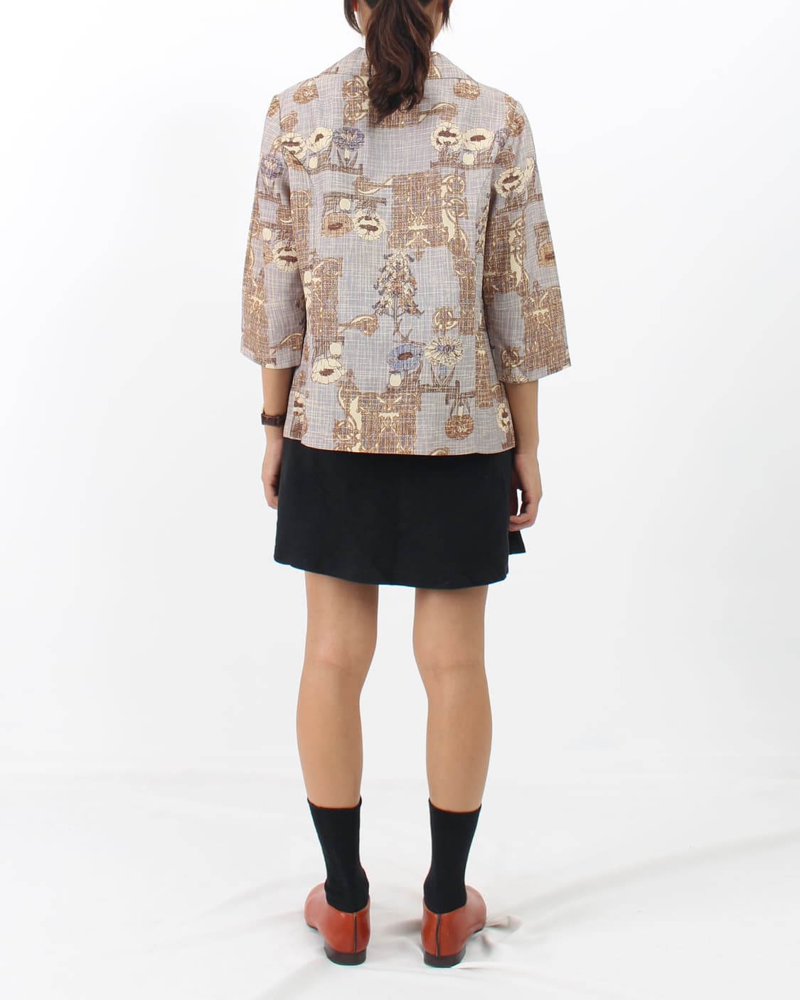 일본 빈티지 퍼플 플라워 체크 패턴 7부 소매 블라우스 상품이미지7