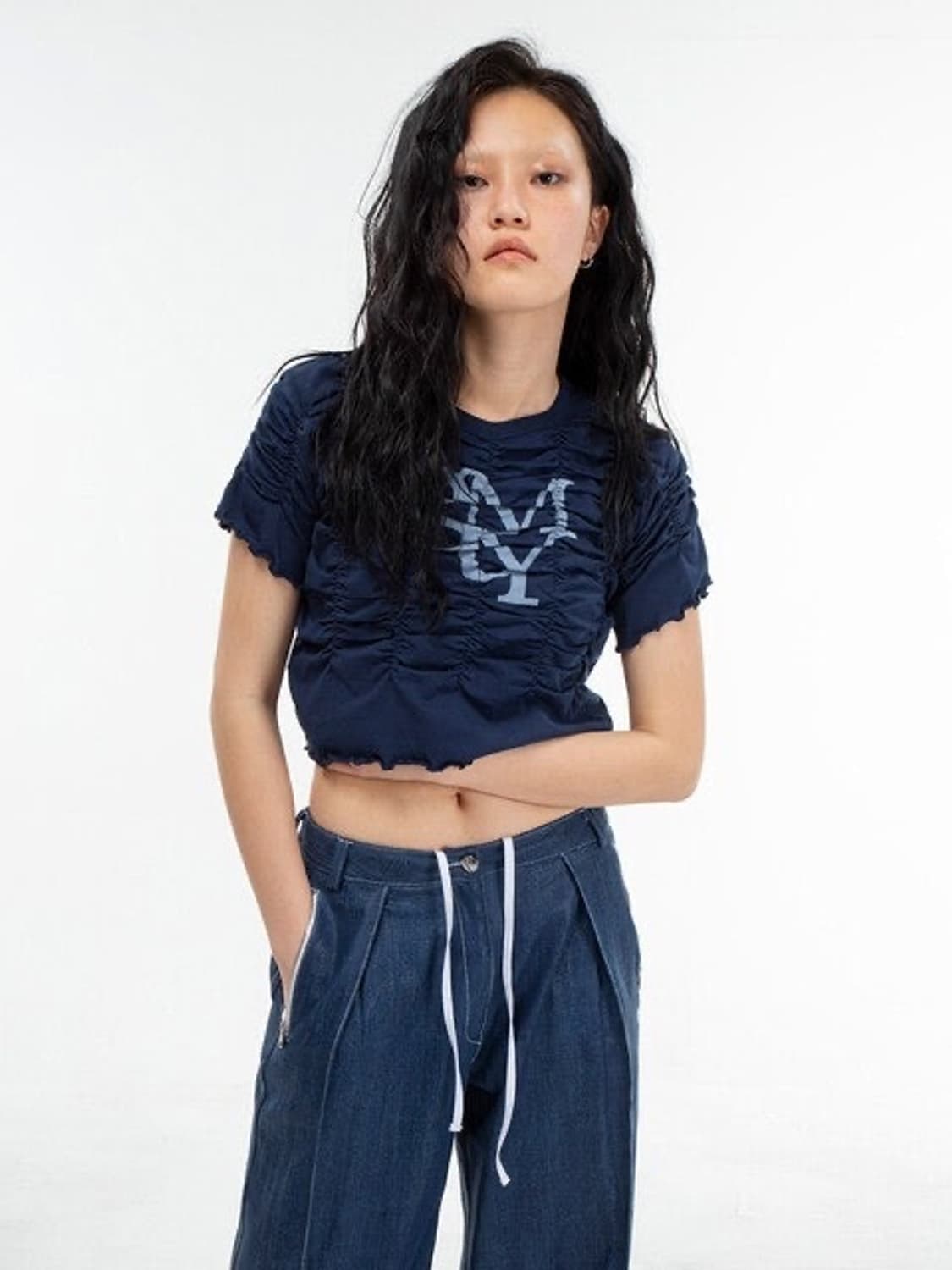 김미더영 셔링반팔 네이비 상품이미지1