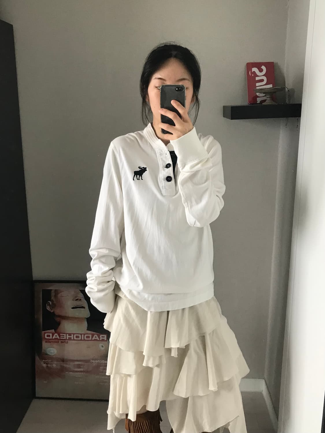 아베크롬비 산양 자수로고 헨리넥 롱슬리브티 화이트 상품이미지3