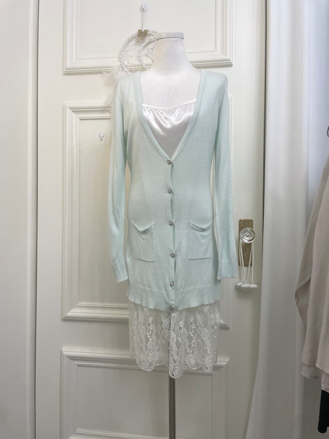 mint pocket long cardigan&white lace sat 상품이미지1