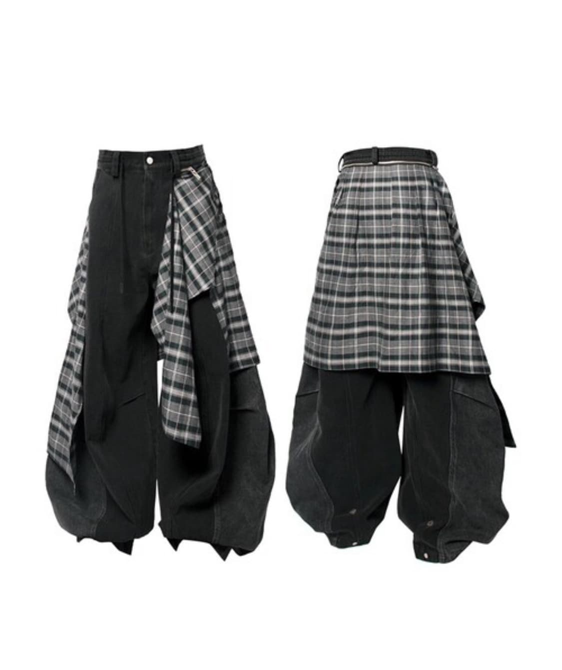 3D Detachable Check Curtain Denim Pants  상품이미지3
