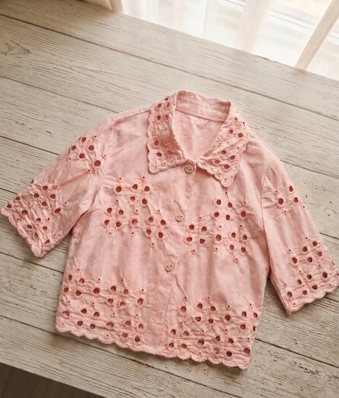 스테파넬 핑크 아일렛 자수 펀칭 반팔 셔츠/블라우스 상품이미지1