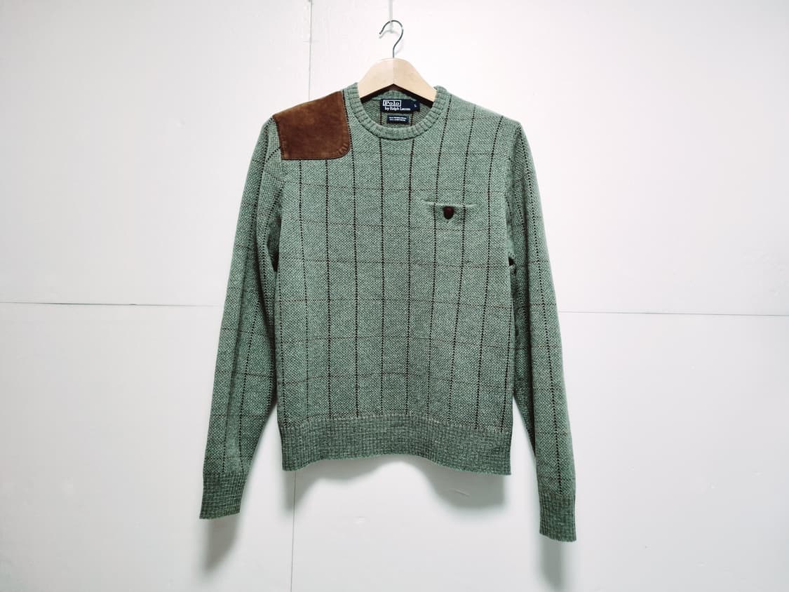 남성 레어 폴로 메리노 램스 울 WOOL 모 양모 레더 가죽 패치 니트 상품이미지2