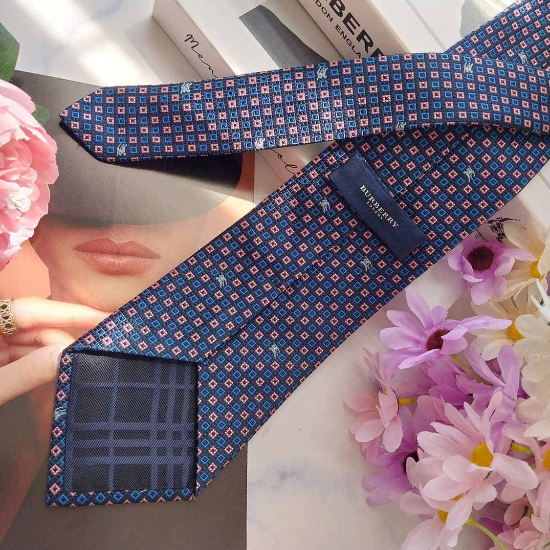 버버리 네이비 체크 자카드 넥타이 9.5cm S~A+등급 K2538 상품이미지4