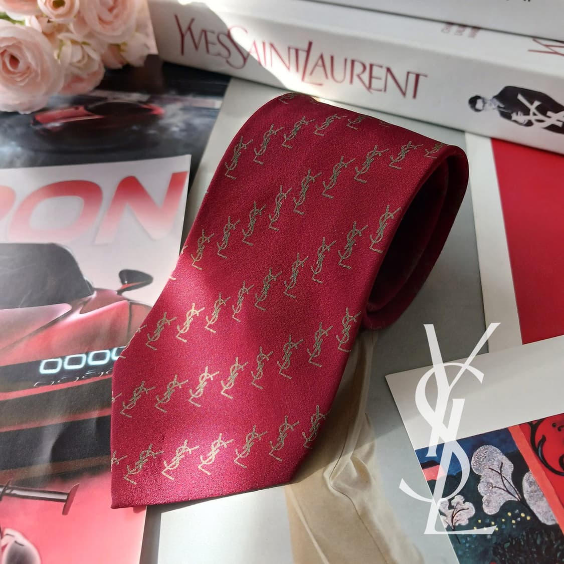 입생로랑 실크 레드 로고 패턴 슬림 넥타이 7.8cm B등급 A18867 상품이미지1