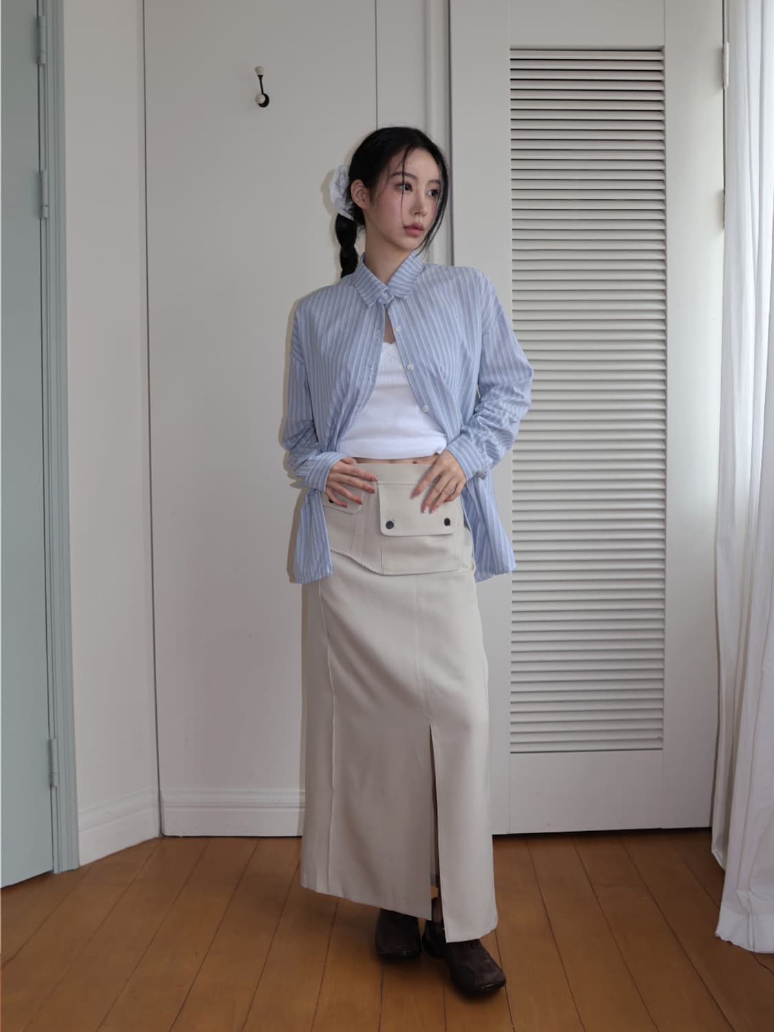 새상품) 포켓 레이어드 롱 스커트 베이지 상품이미지3