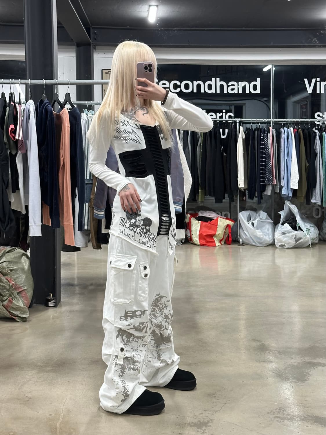 고스트 오브 할렘 펑크 Y2K 갸루 스컬 십자가 컷아웃 절개 롱슬리브 긴 상품이미지3