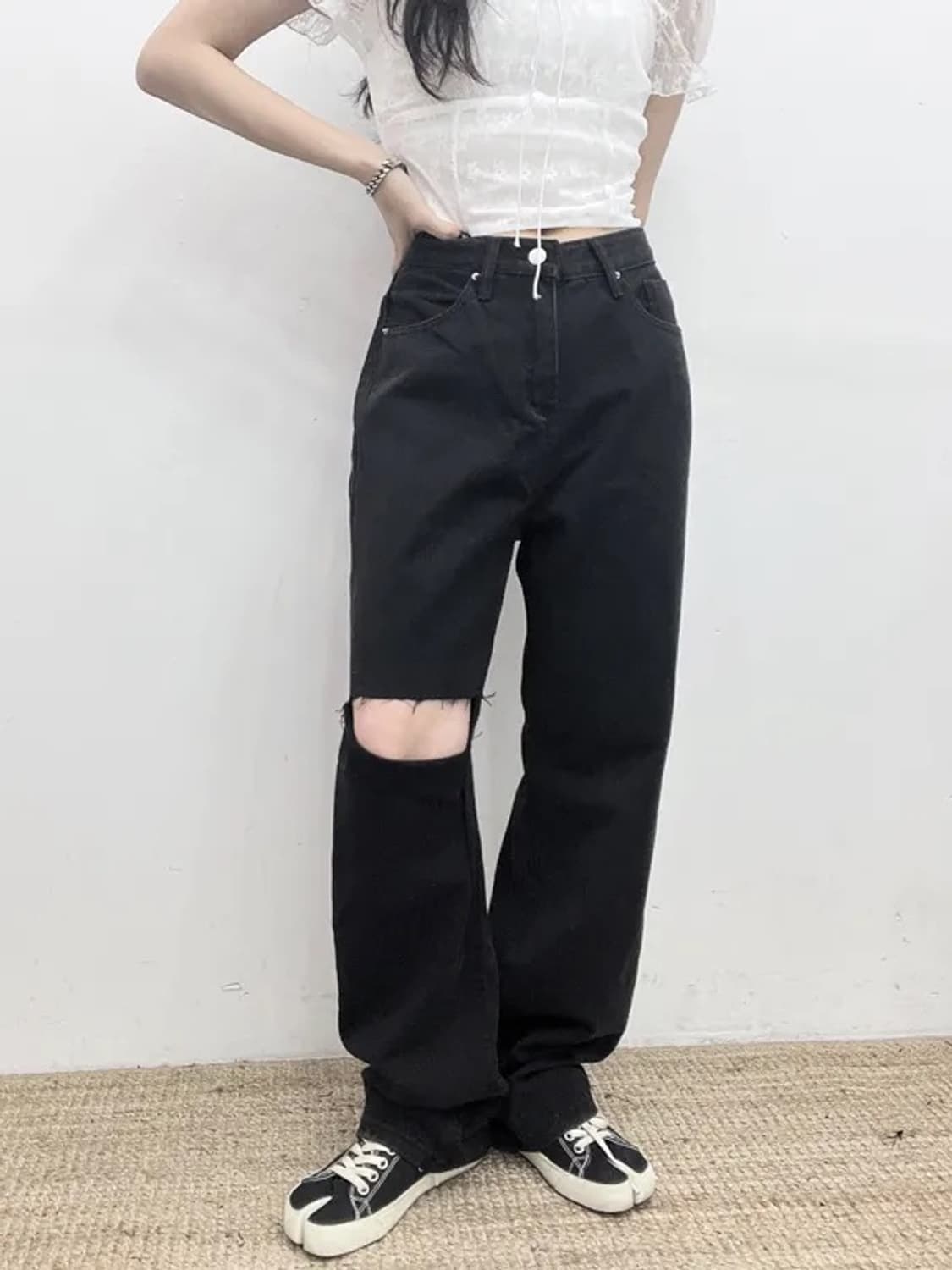 블랙 코튼 와이드 무파진 트임 팬츠 상품이미지3