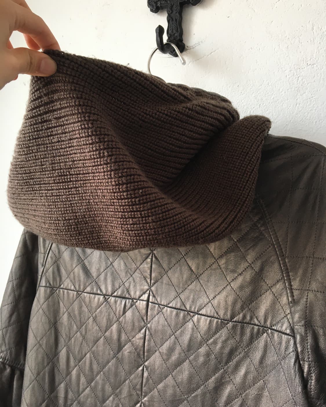 Knit layered leather hood coat 상품이미지5