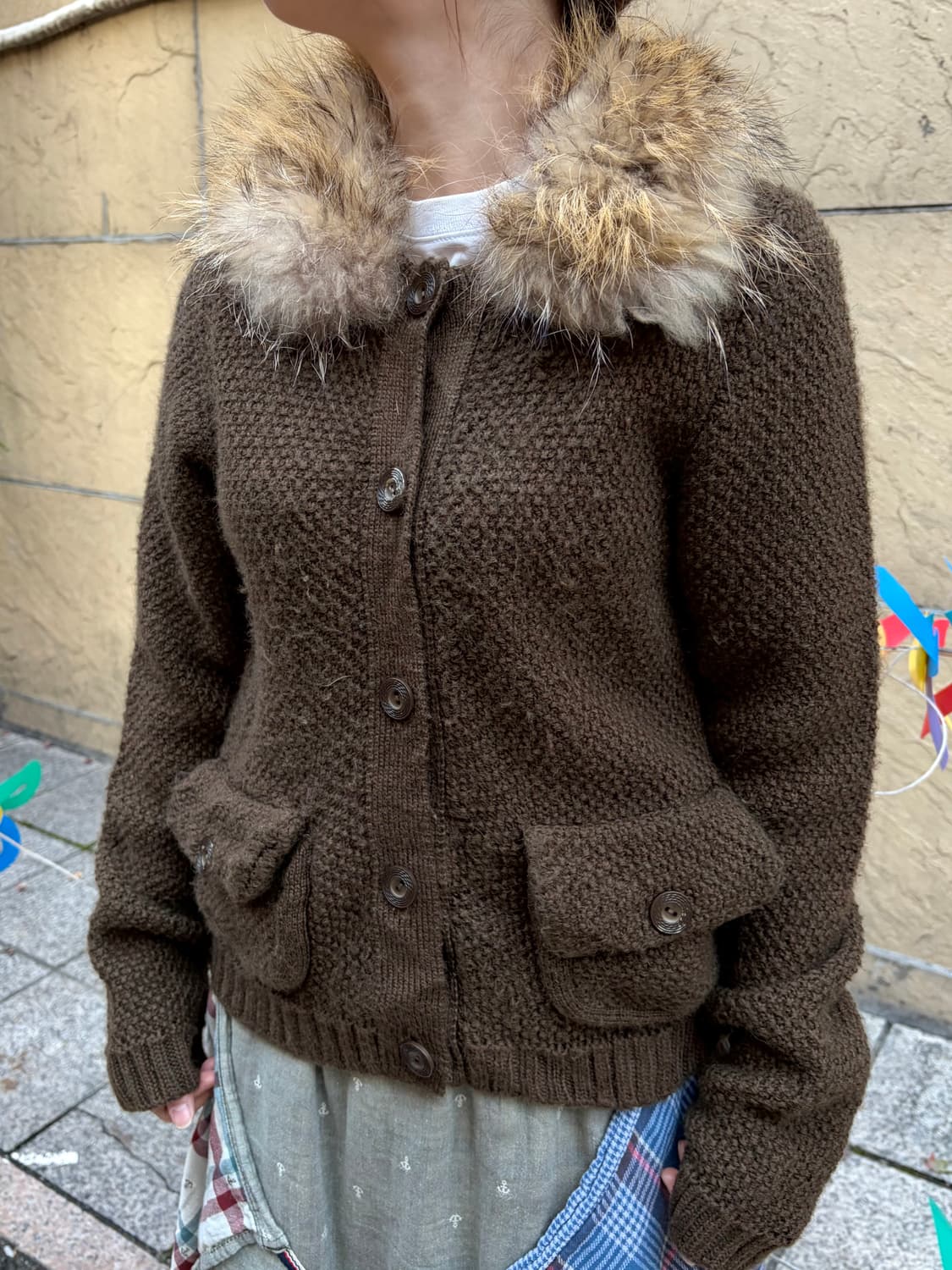 일본 빈티지 모리걸 퍼카라 브라운 하찌 니트 가디건 상품이미지1