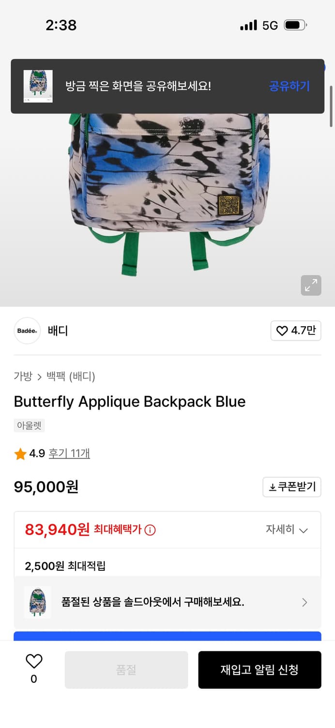 Butterfly Applique Backpack Blue 백팩 상품이미지4