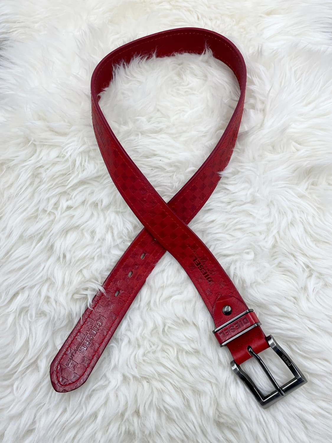 디젤 리얼레더 레드 체크 로고 버클 벨트 상품이미지5