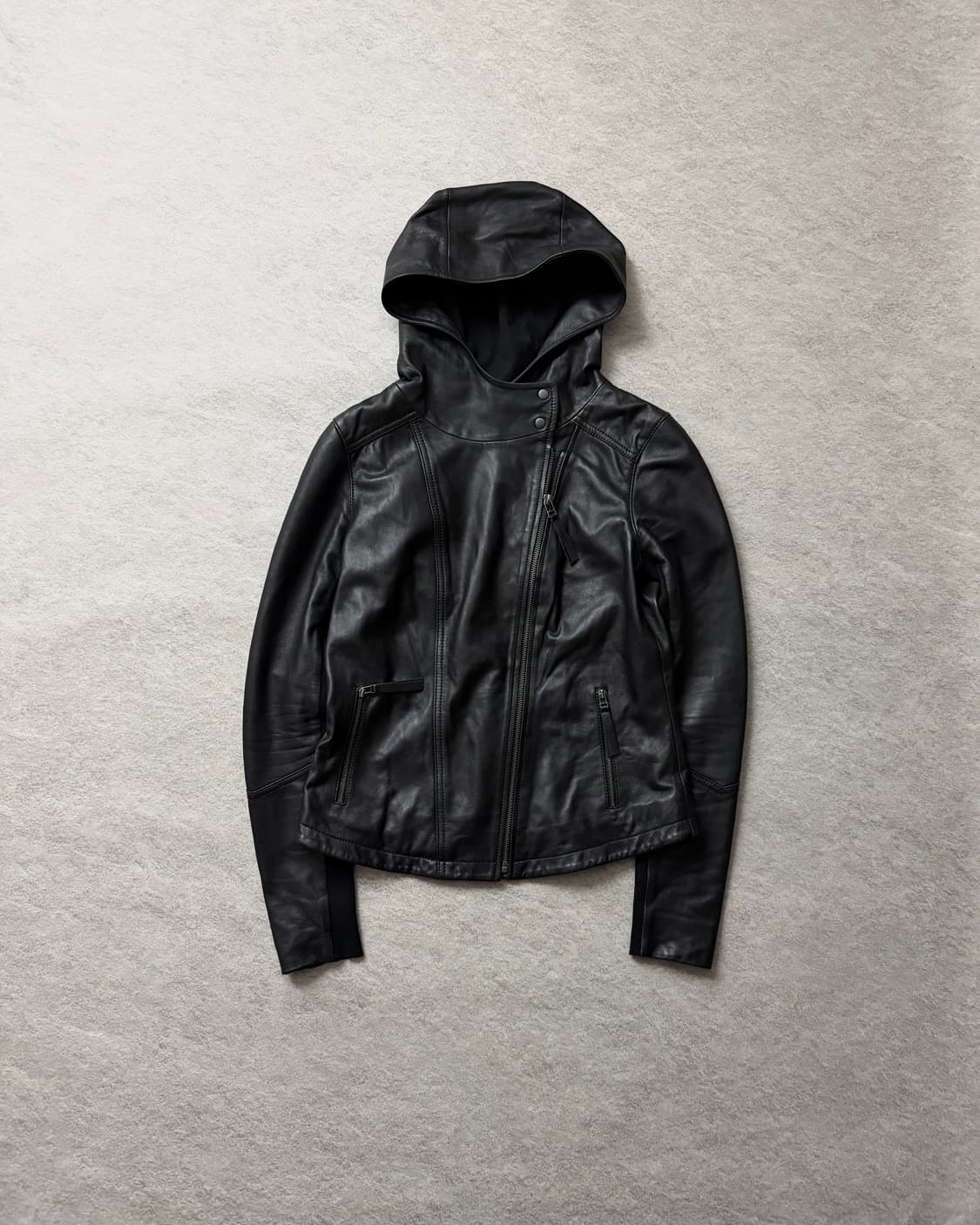 Hinge 비대칭 레더후드자켓 상품이미지1