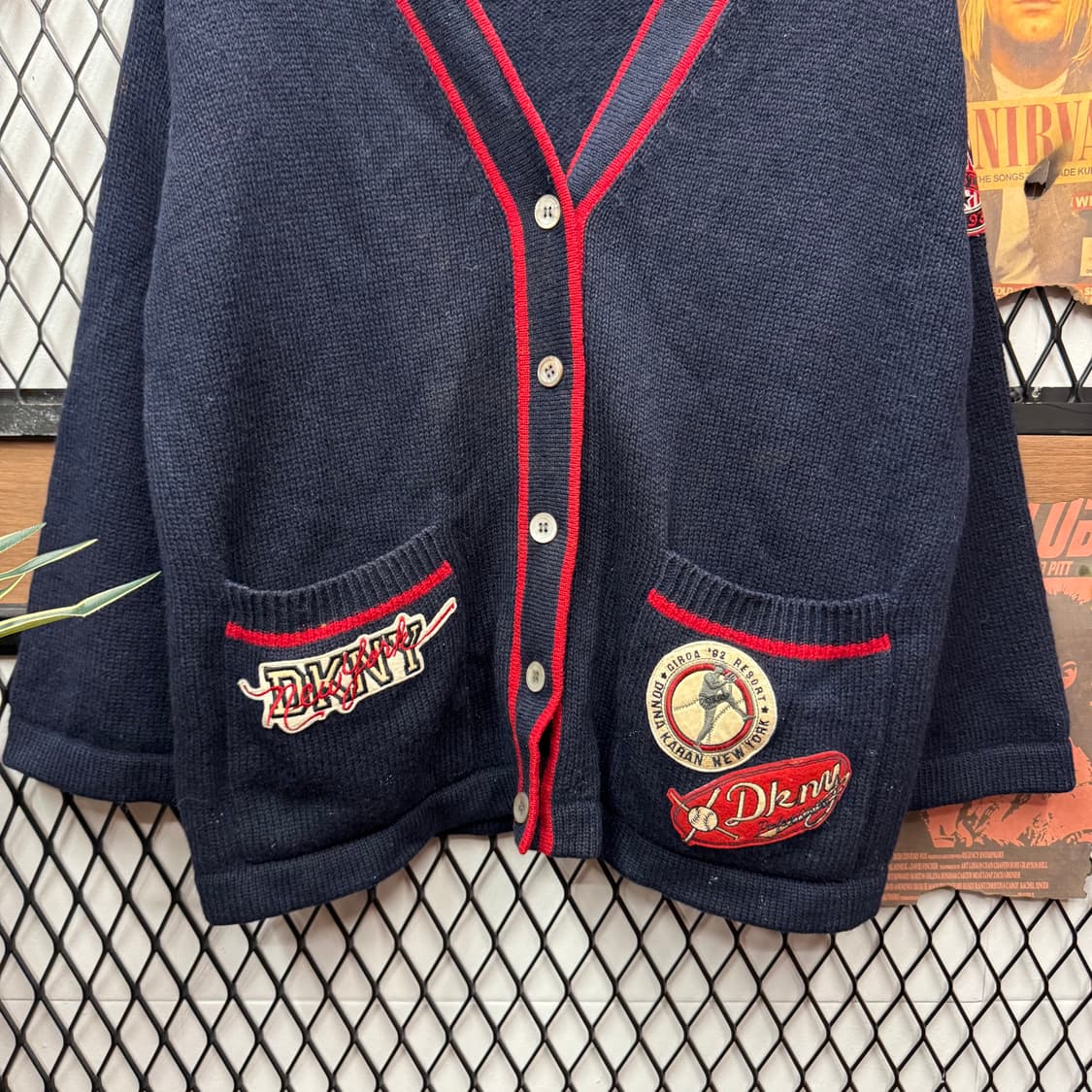 90s DKNY 빈티지 니트 가디건 패치워크 포인트 네이비 상품이미지4