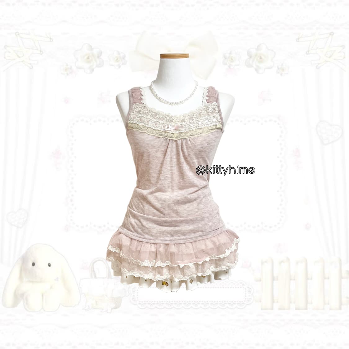 일본빈티지 히메갸루 핑크도트슬리브리스 러블리 도트탑 땡땡이나시갸루러블리 상품이미지1