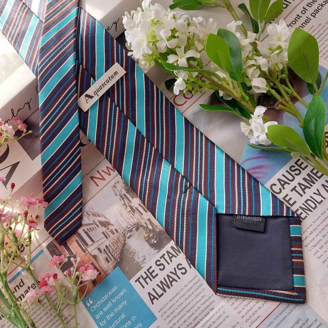 아쿠아스큐텀 터콰이즈 스트라이프 넥타이 9.2cm A+등급 K1955 상품이미지5