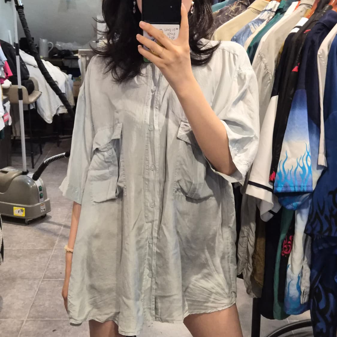 [NO.9] 빈티지 실크 반팔 셔츠 실버 상품이미지1