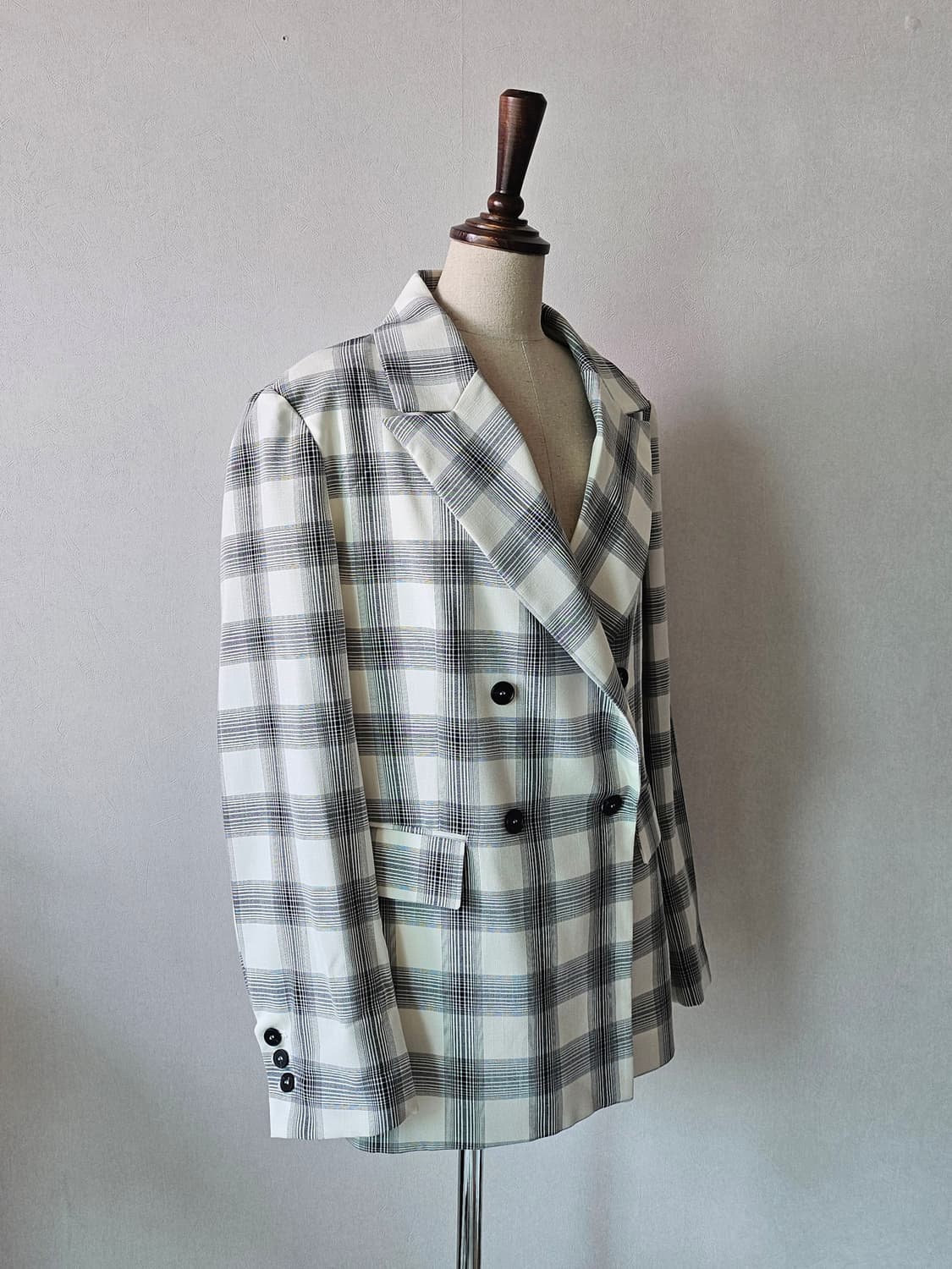 일본감성 크림 체크 자켓 여리핏 더블 봄~여름 아우터 (로미스토리) 상품이미지5