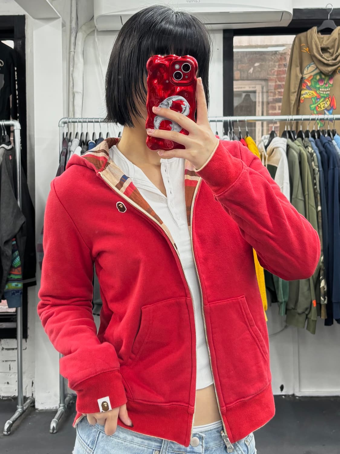 베이프 레드&체크 리버시블 후드집업 상품이미지1