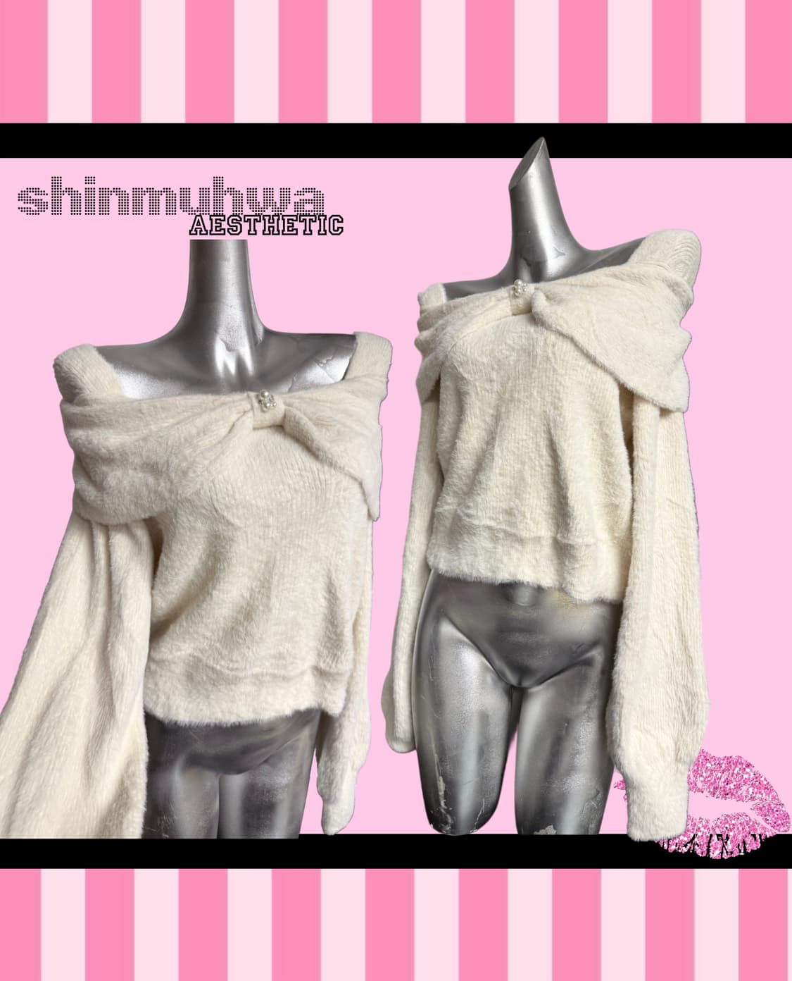 갸루 리본 큐빅디테일 오프숄더 니트 상품이미지1