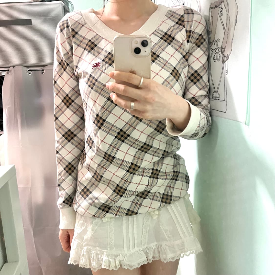 버버리 블루라벨 노바체크 쿨아이보리 롱슬리브 맨투맨 미니원피스 상품이미지5