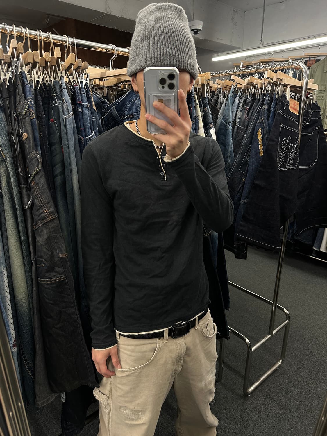 L) 재패니즈 빈티지 블랙 헨리넥 롱슬리브 긴팔티 상품이미지1