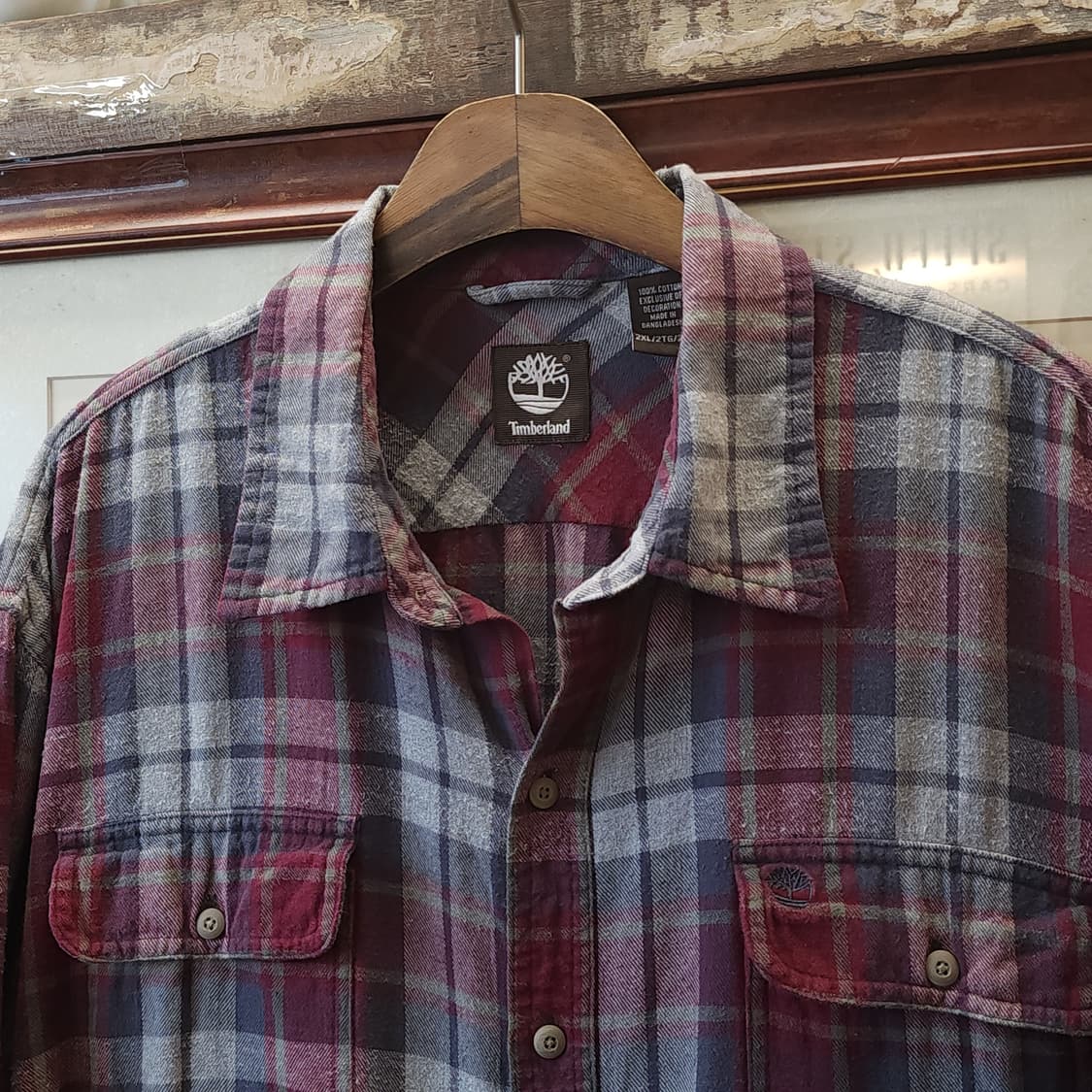 90s 팀버랜드 체크셔츠 플란넬 셔츠 헤비코튼 워크셔츠 버건디 2xl 상품이미지4