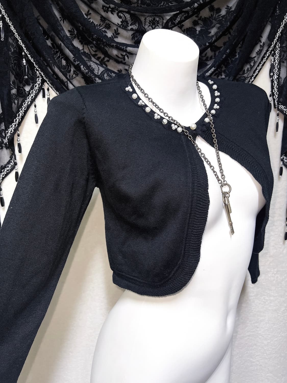 로맨틱갸루 로걀 고딕 고스로리 블랙 진주 크롭 볼레로 가디건 핀터 페어리 상품이미지2