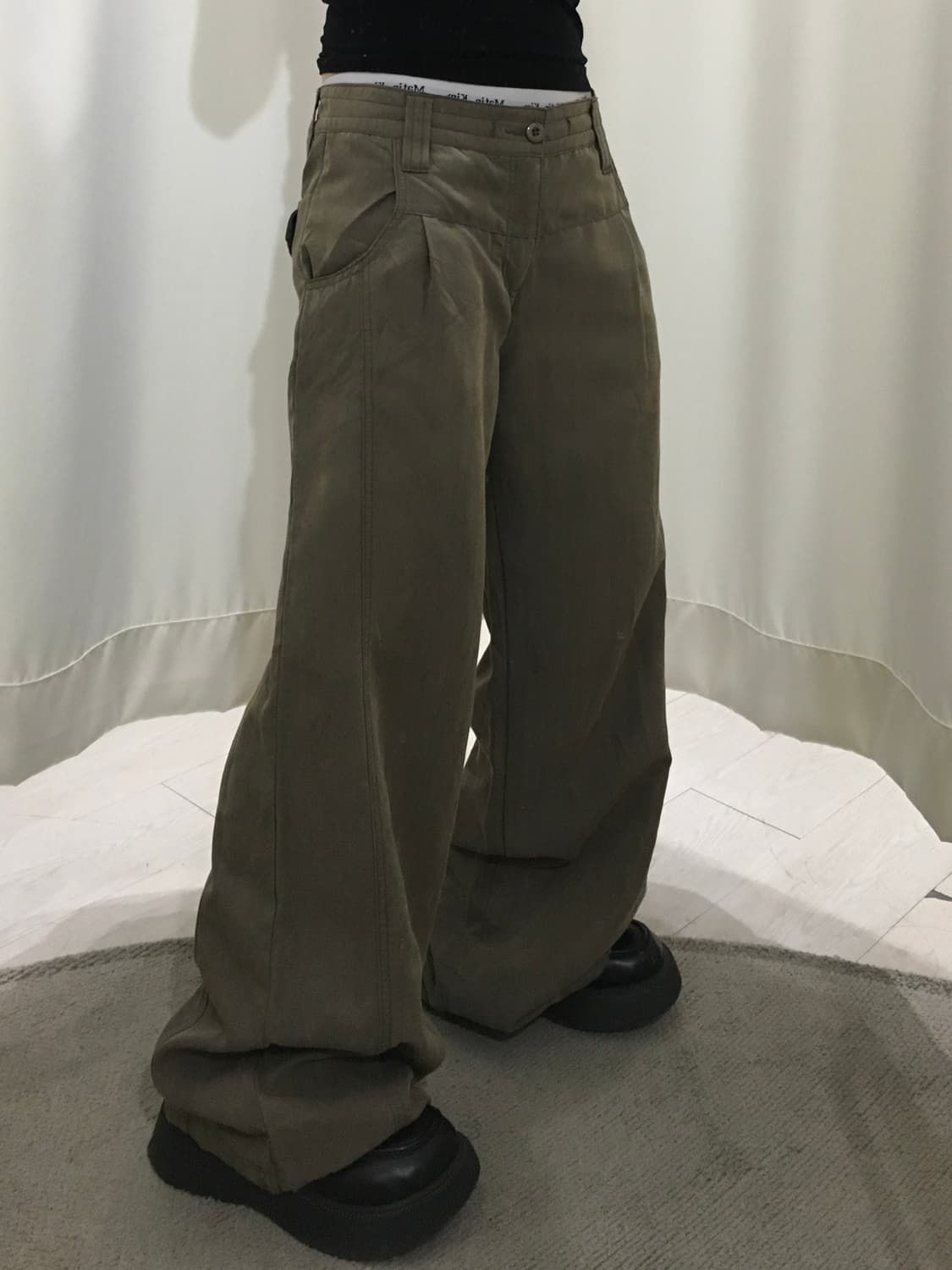 카키 밴딩 와이드 팬츠 상품이미지2