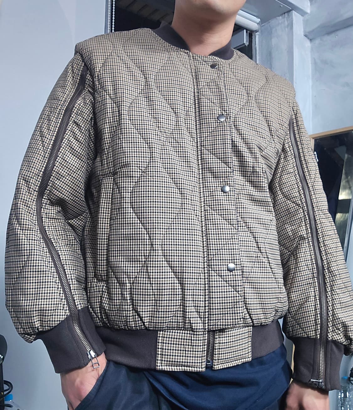 ROKH X GU 퀄티드 체크 블루종 베이지 자켓 XL 상품이미지3