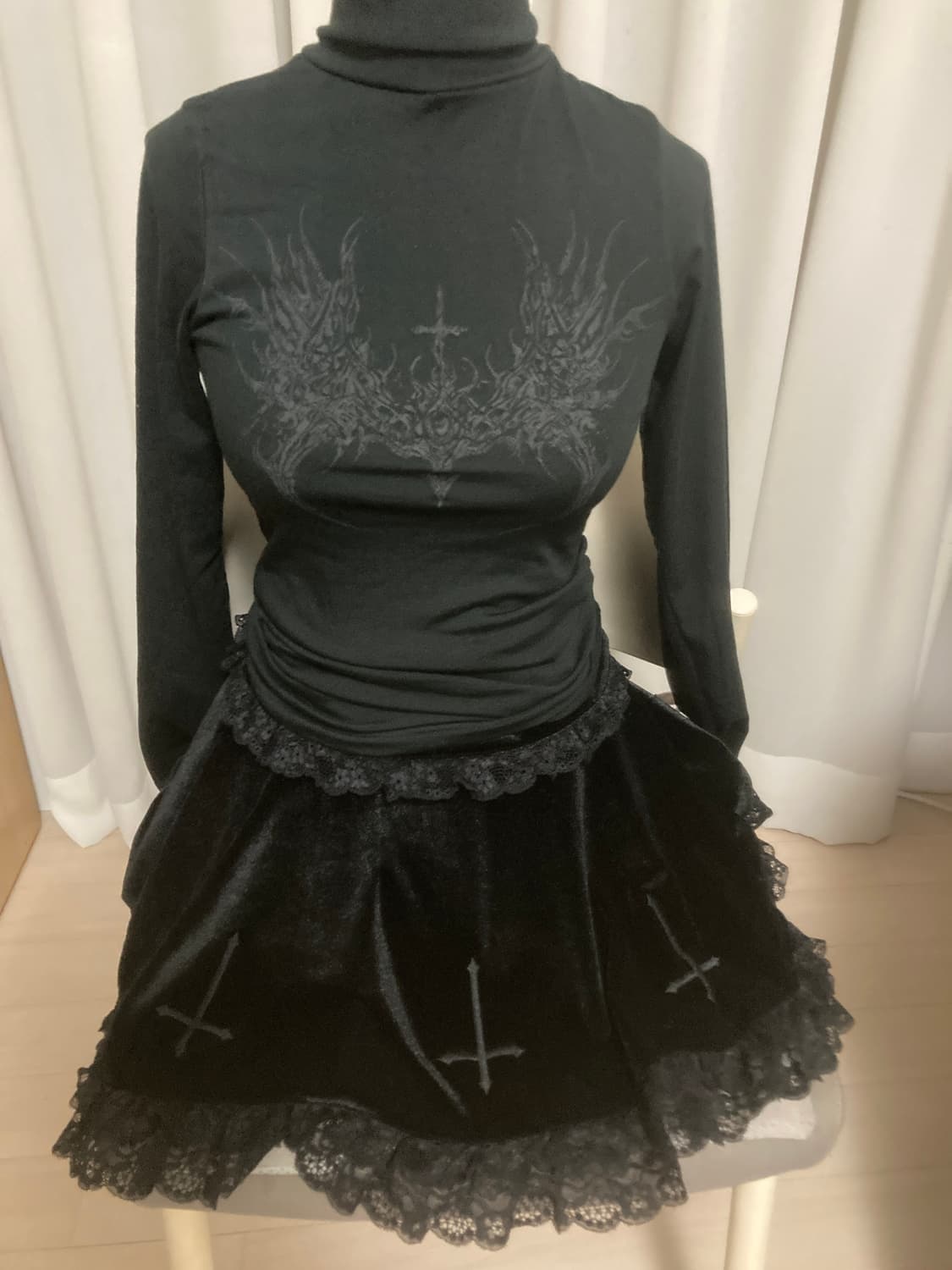 고스고딕고스로리 셋업 피소녀 목폴라,십자가벨벳스커트 상품이미지1