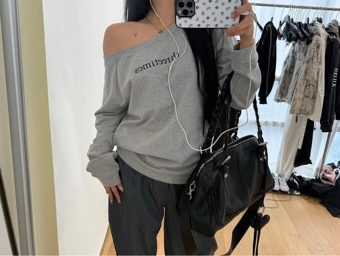 쓰리타임즈 베이직 로고 오프탑 그레이 s 오프숄더 상품이미지1
