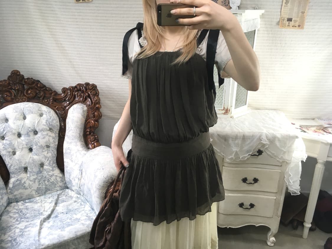 빈티지 아카이브 카키 레이스 리본 원피스 상품이미지5