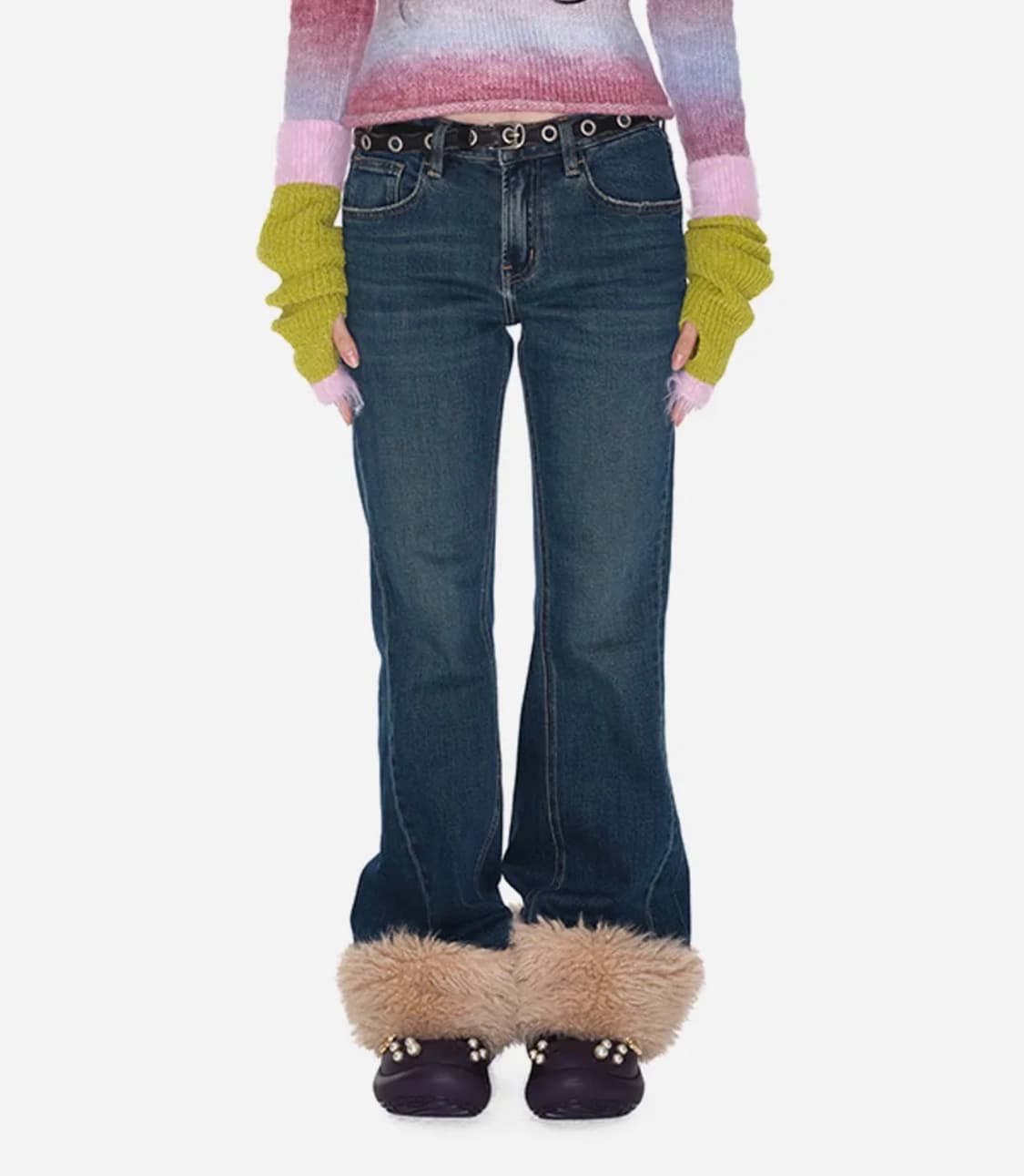 유쓰배쓰 Fur hem denim pants_blue 상품이미지1