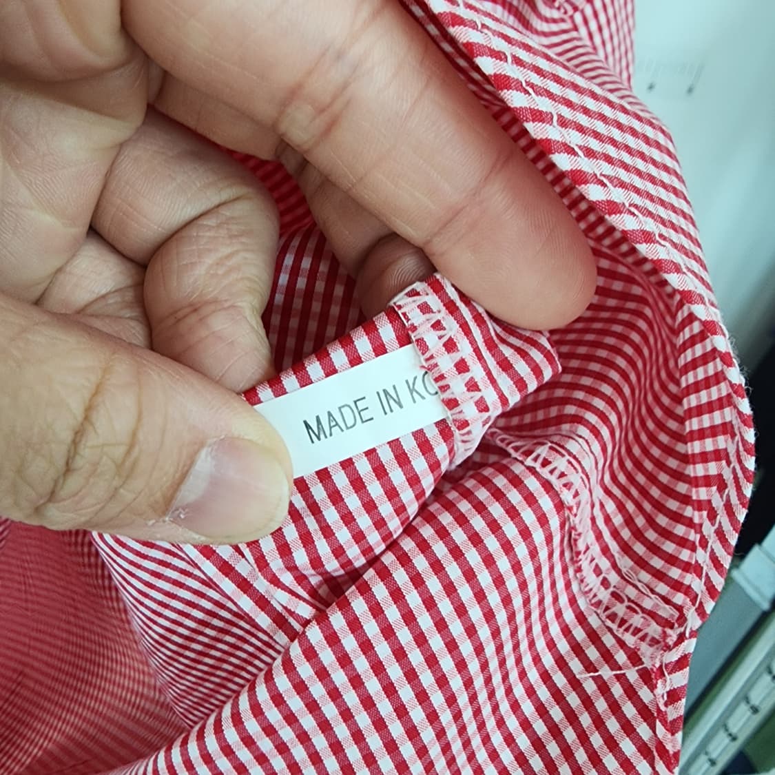 리본 진주 장식 레드 체크 패턴 블라우스 7부 상품이미지5