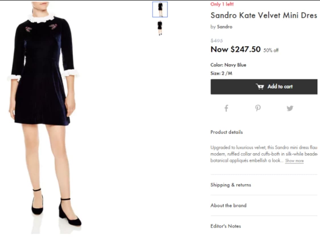 산드로 KATE 벨벳 미니원피스 1사이즈 44 상품이미지3