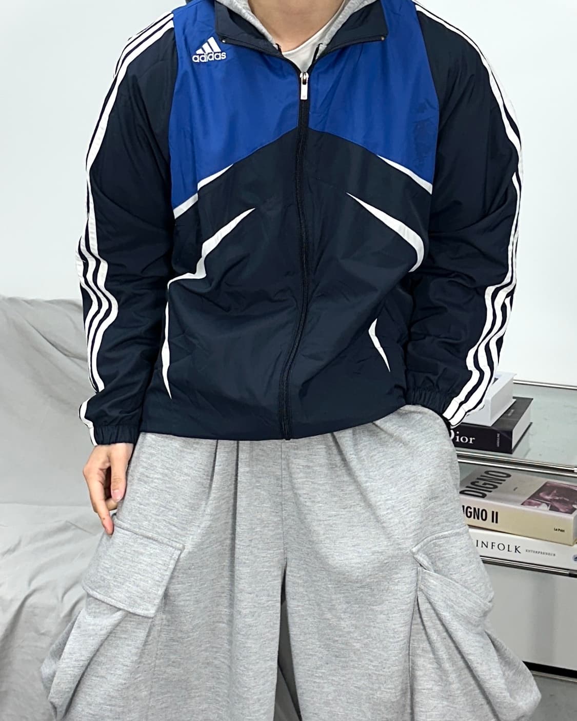 아디다스 블루 배색 삼선 바람막이 L 상품이미지2
