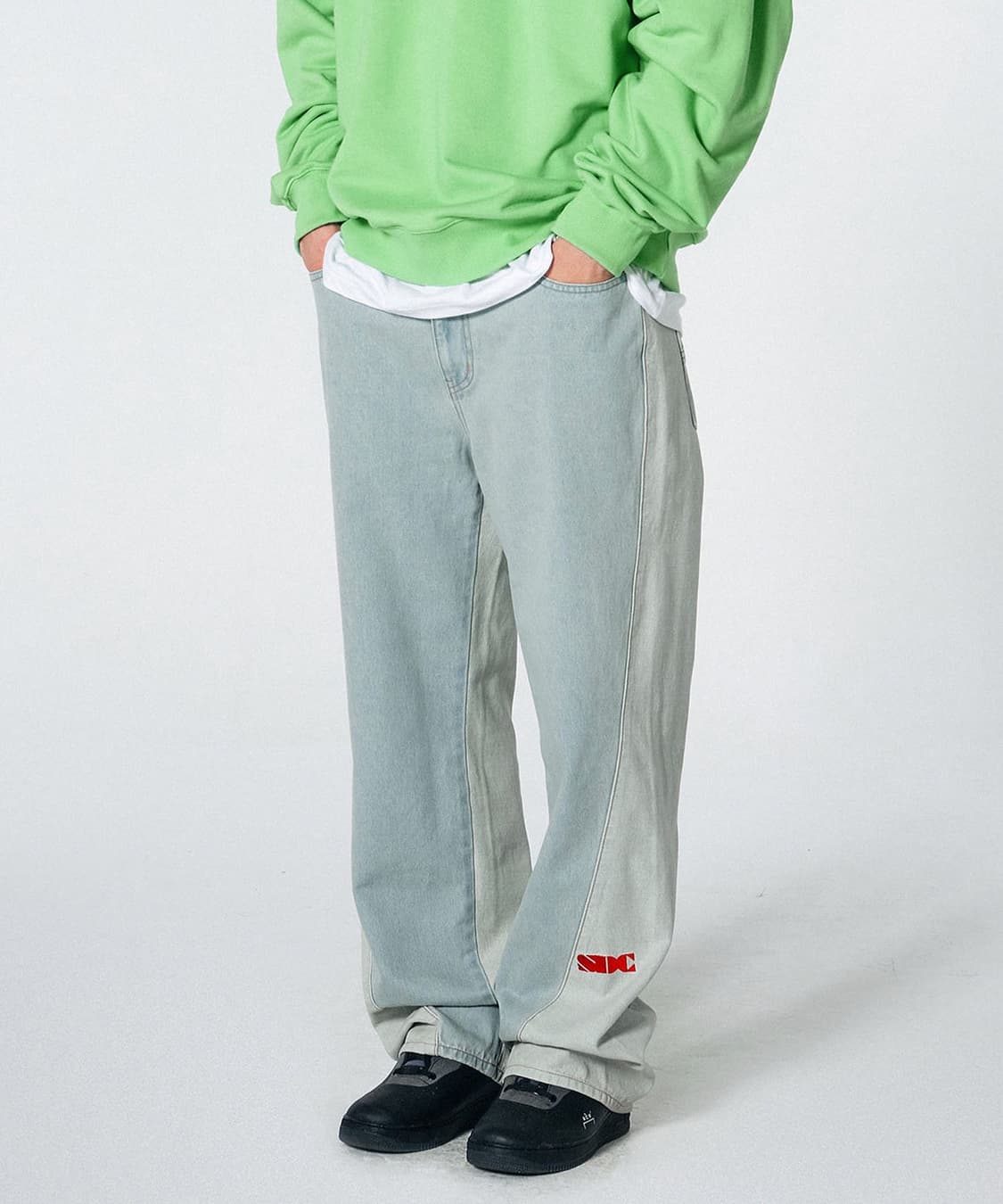 스컬프터 리버스 컬러 블록 배색 와이드 오버핏 데님 팬츠 S  상품이미지5