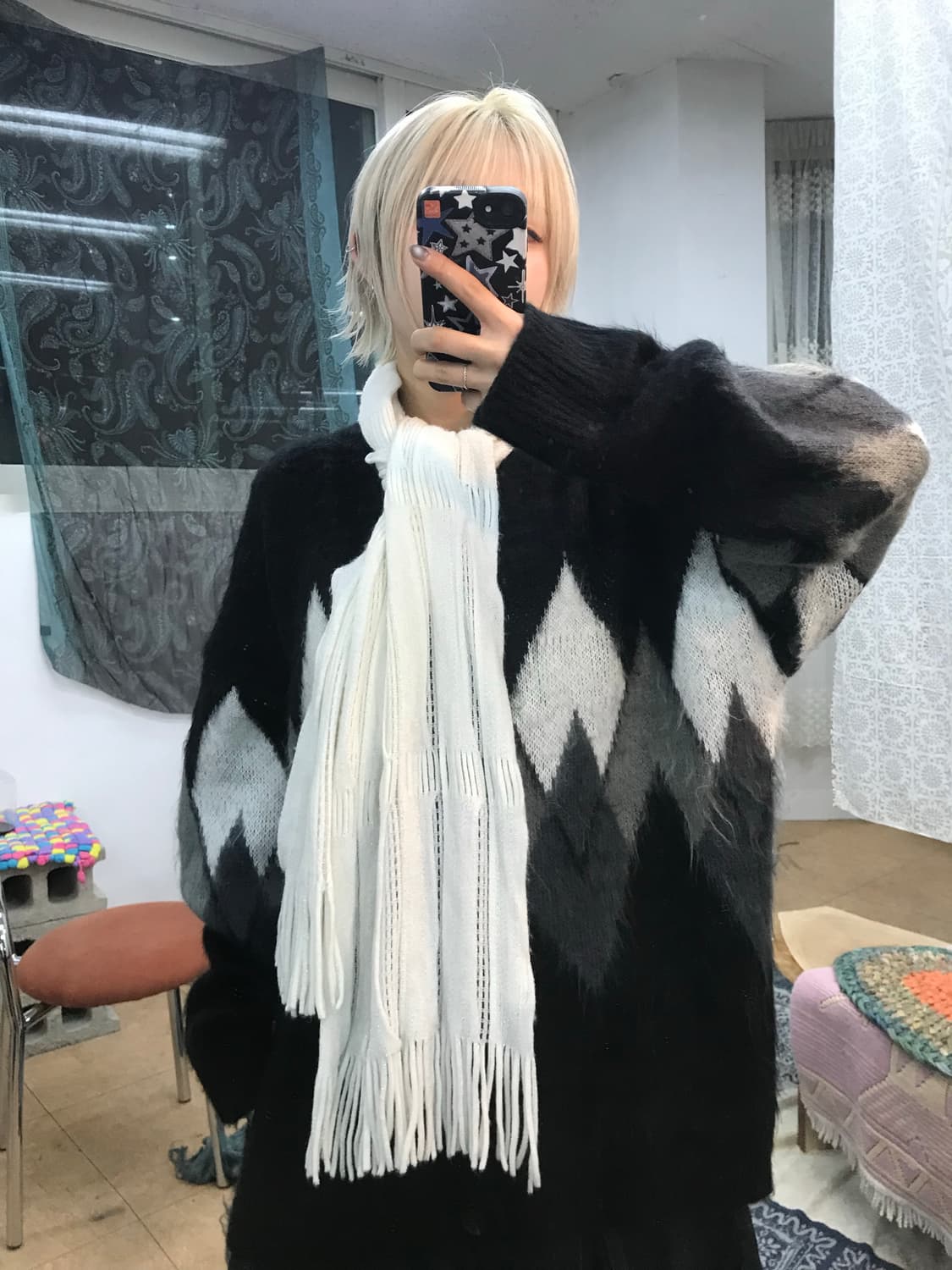 빈티지 화이트 틴셀 니트 머플러 목도리  상품이미지1