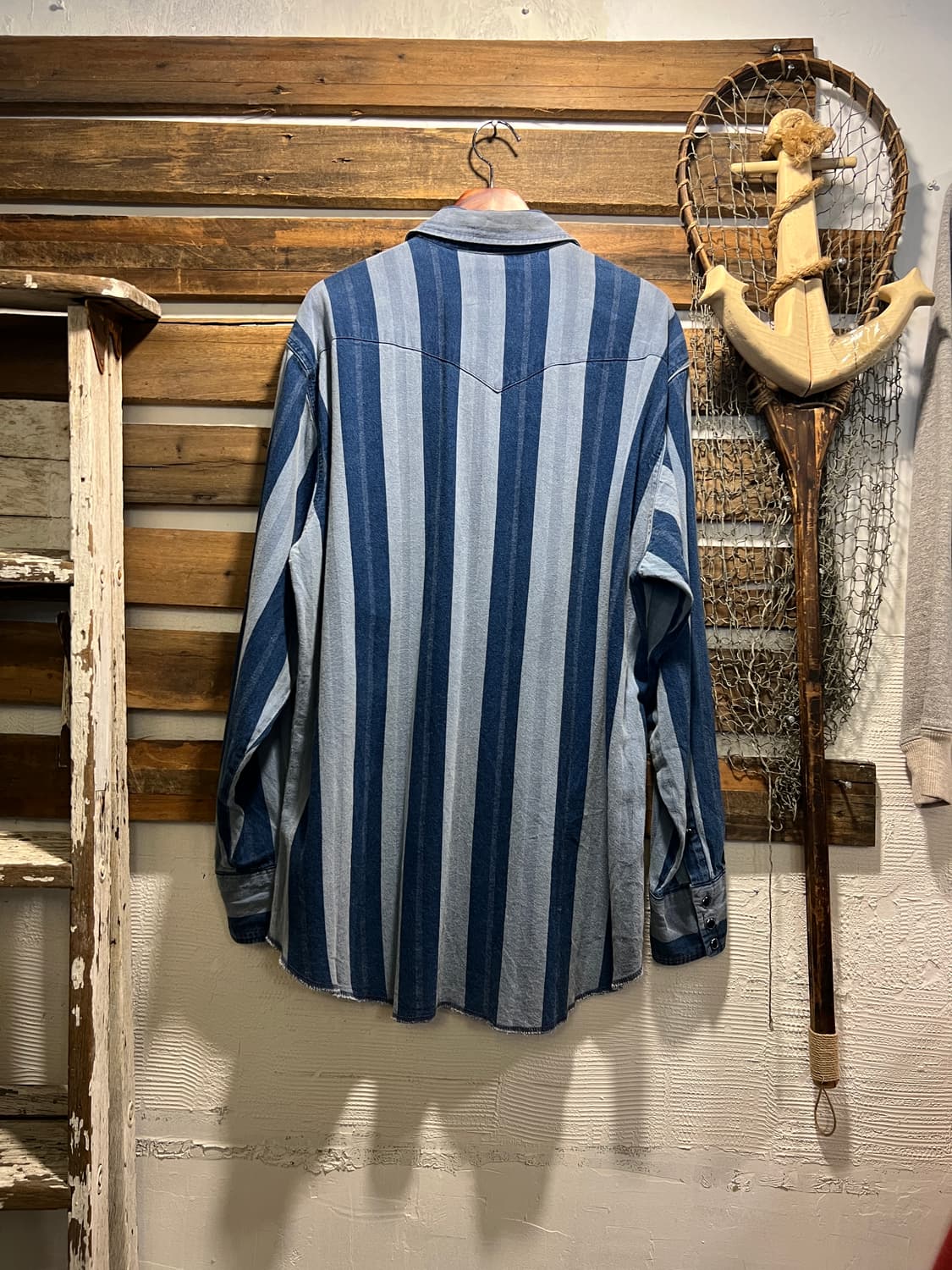 [2XL]90s 랭글러 USA 블루 다잉 스트라이프 버튼다운 웨스턴 셔츠 상품이미지5