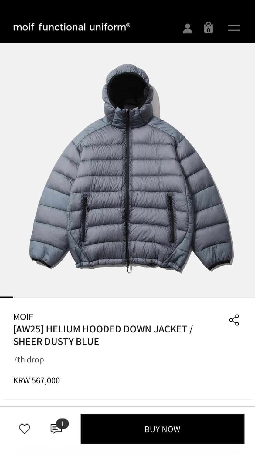 3사이즈,신품급) 모이프 HELIUM HOODED DOWN JACKET 상품이미지1