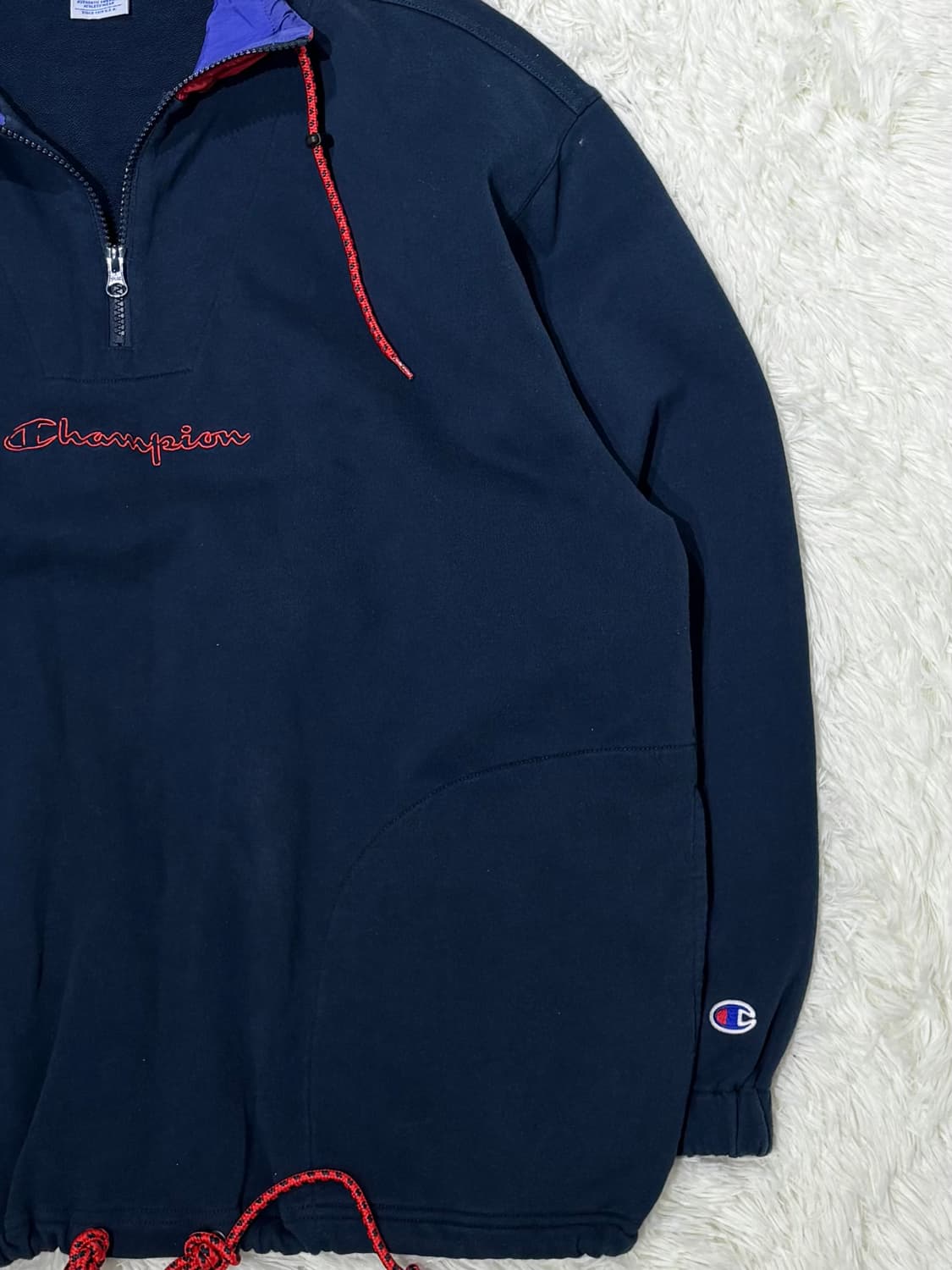 챔피언 네이비 스펠로고 코튼 반집업 상품이미지7