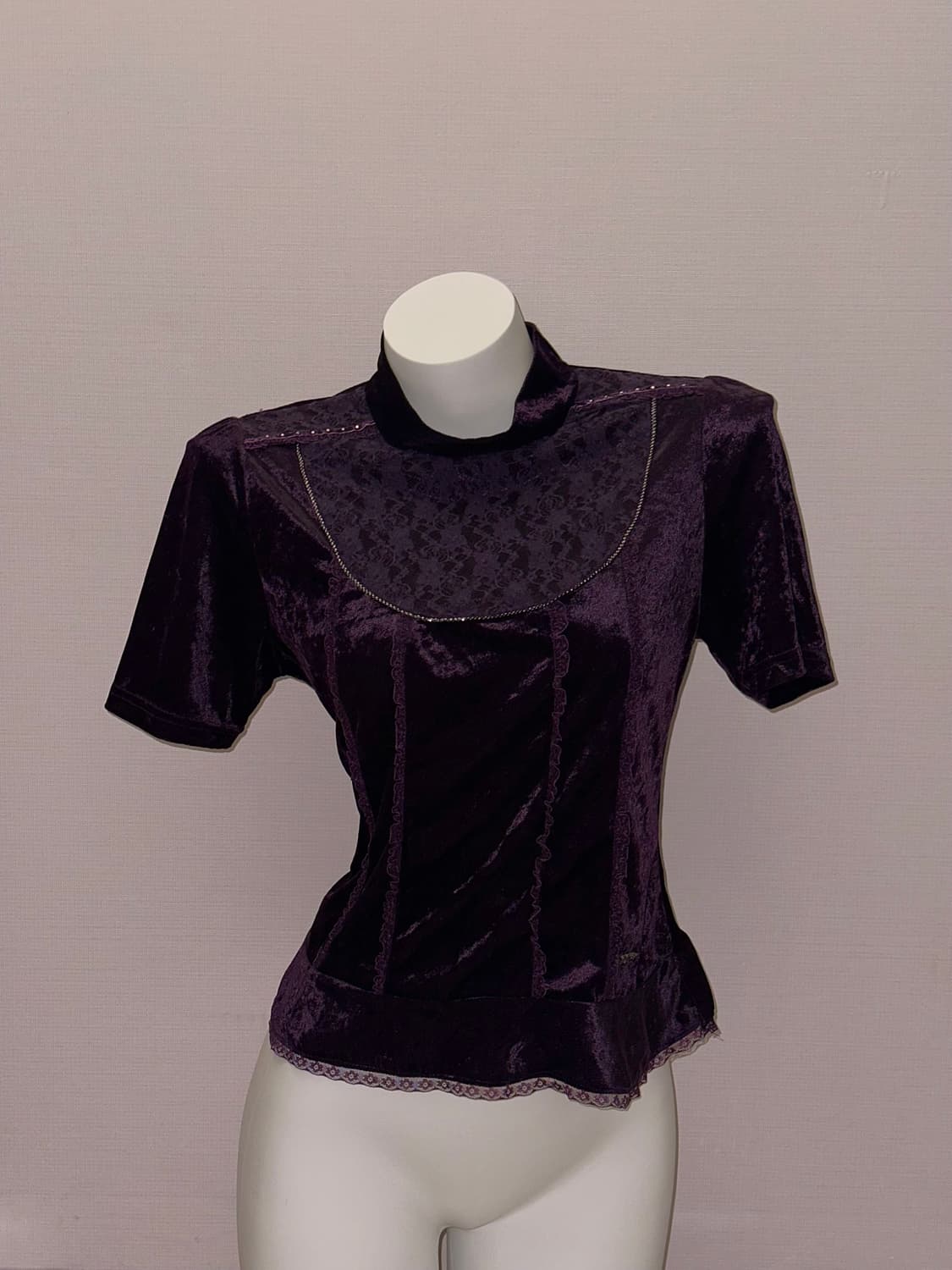 딥퍼플 빈티지 벨벳 반폴라 반소매 블라우스 상품이미지1