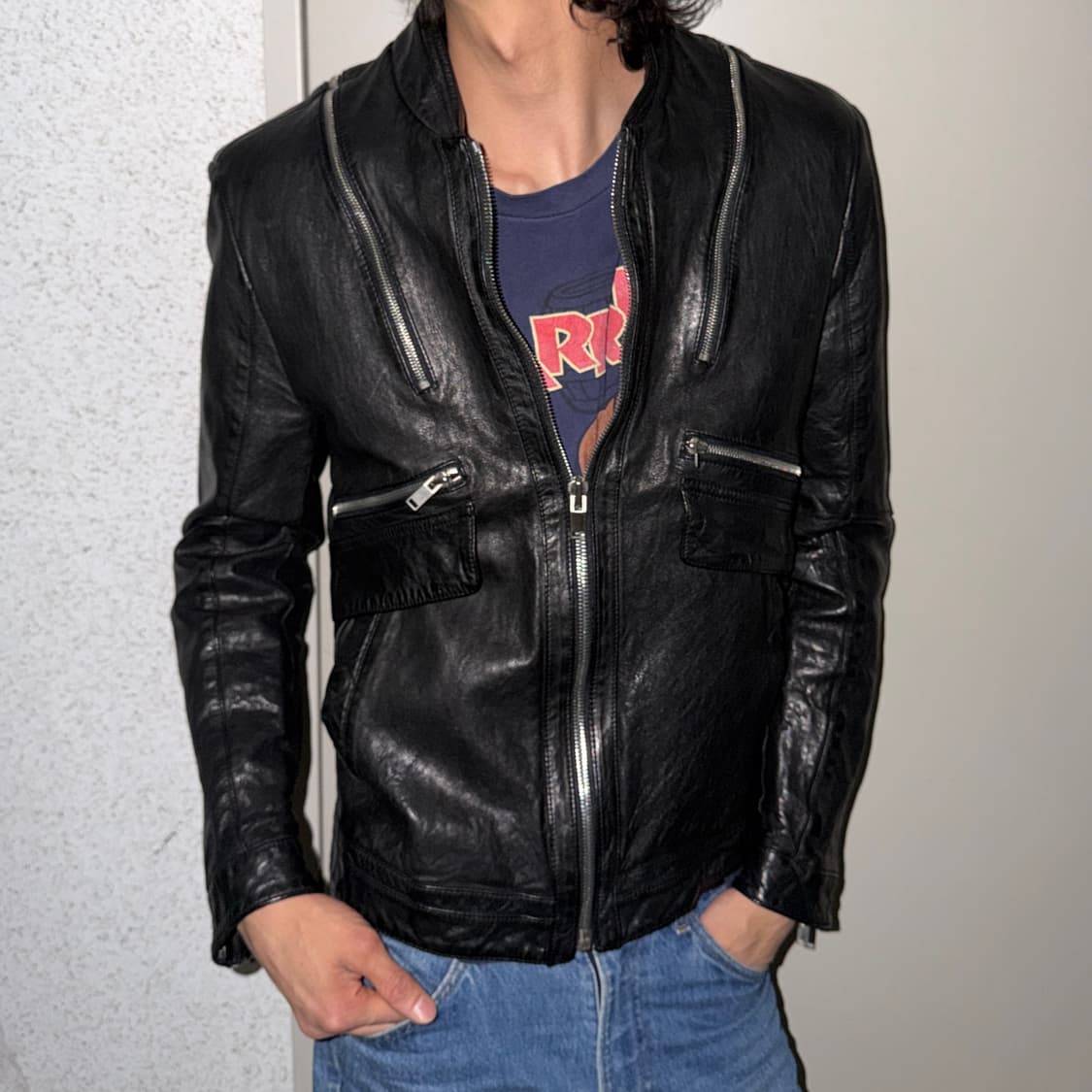 시스템 멀티 지퍼 레더 블루종 상품이미지2