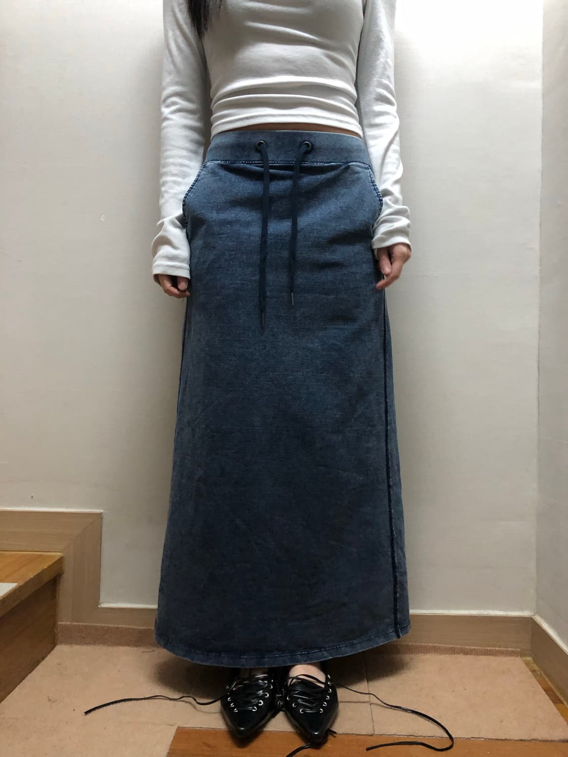 빈티지 데님 프린팅 코튼 롱 스커트 상품이미지1