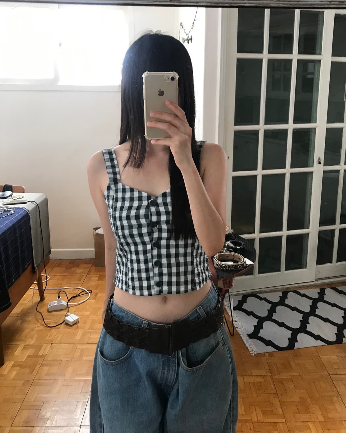 vintage green check pattern sleeveless 상품이미지1