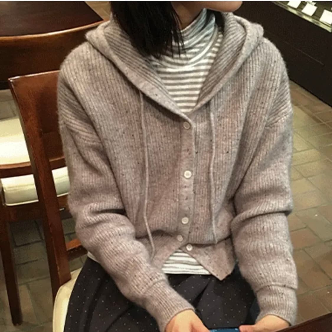 데일리쥬 후드 니트 가디건+ 폴라티셔츠 모리걸 세트 상품이미지1